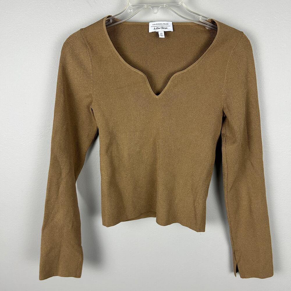 & Other Stories Tan Ribbed Nothed Long Flare Sleeve Fitted Crop Top M